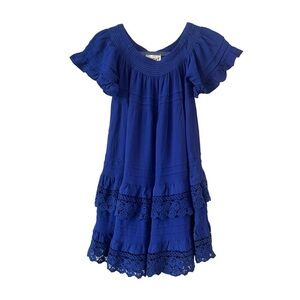 1st Sight cobalt blue boho off shoulder tiered mini dress lace trim